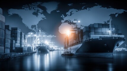 Global Logistics Network: Container Ship at Port with World Map Overlay, Illustrating International Trade and Supply Chain