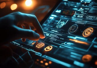 Human Finger Interacting with Futuristic Technology Interface Displaying Complex Data and Graphical Elements for Business Analysis