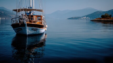 Obraz premium Tranquil Sailboat Anchored in Calm Waters with Distant Mountains on the Horizon, Reflecting in the Sea