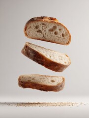 Floating Slices of Freshly Baked Bread with Sesame Seeds, Crusty Texture, and Light Background