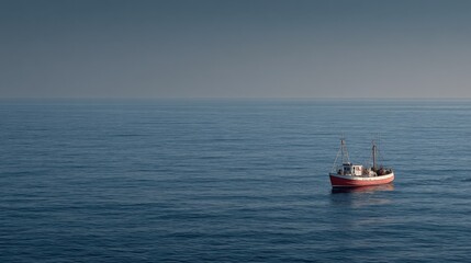Fishing Vessel on Calm Blue Ocean Waters: A Serene Maritime Scene with Fishing Boat