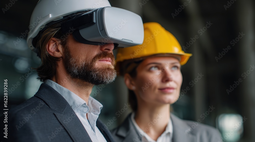 Aufkleber engineering with the future in sight: engineers explore a project through a vr headset, with innovat