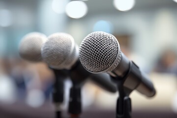 close-up microphones at a press conference, with a blurred background