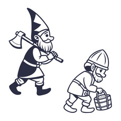 Two cartoon gnomes one carrying an axe and the other carrying a basket