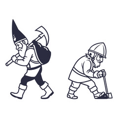 Two cartoon miners with pickaxes and mining gear walking
