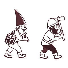 Two cartoon gnomes with tools for work and adventure
