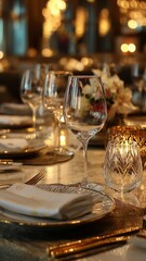 Fine dining restaurant, wine glass and plates on the table, flower decoration, high class and elegant.