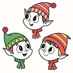 Three cute cartoon elves wearing hats and scarves