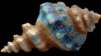 Exquisite Ornamental Seashell with Intricate Golden Filigree Design