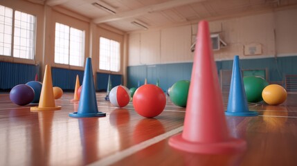 a gymnasium with colorful cones and balls in an elementary school