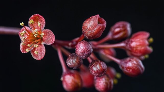A single flower blooms on its stem, with leaves and subtle background texture