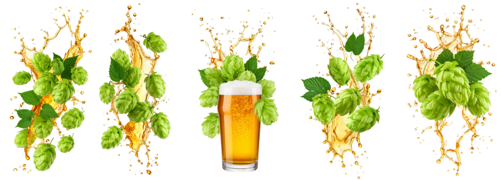 Beer splashing with fresh hops on transparent background