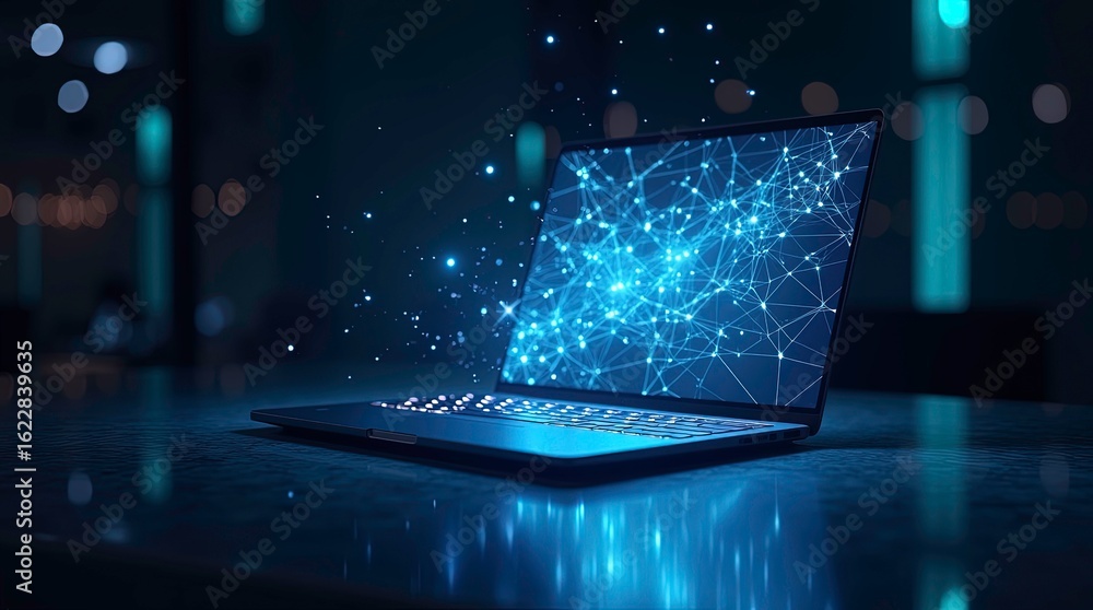 Poster digital network connection abstract blue glow technology web data dark mesh