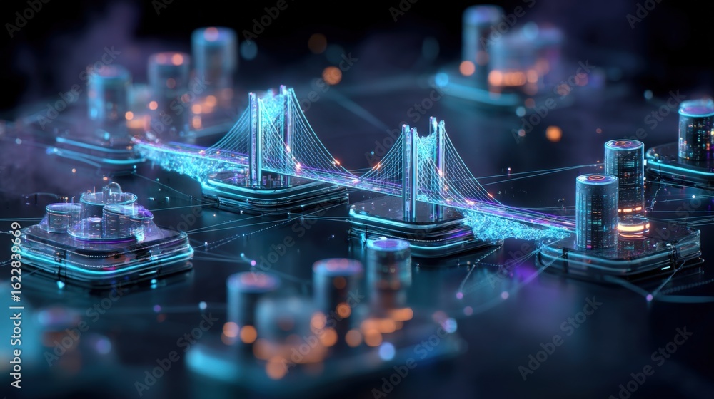 Poster abstract digital cityscape with bridges and data centers, futuristic network infrastructure visualiz
