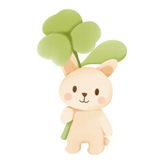 Delicate watercolor illustration of a cute rabbit holding a lucky clover leaf. Perfect for greeting cards, children’s books, and spring-themed designs.