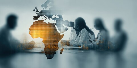 Global Business Team Meeting with Africa Map Overlay for International Collaboration and Strategy