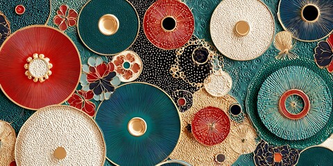 A vibrant mosaic of circular patterns in teal, red, and white creates a lively abstract design
