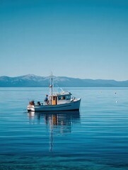 Fishing Boat Anchored in Calm Waters with Mountain Backdrop under Clear Blue Sky