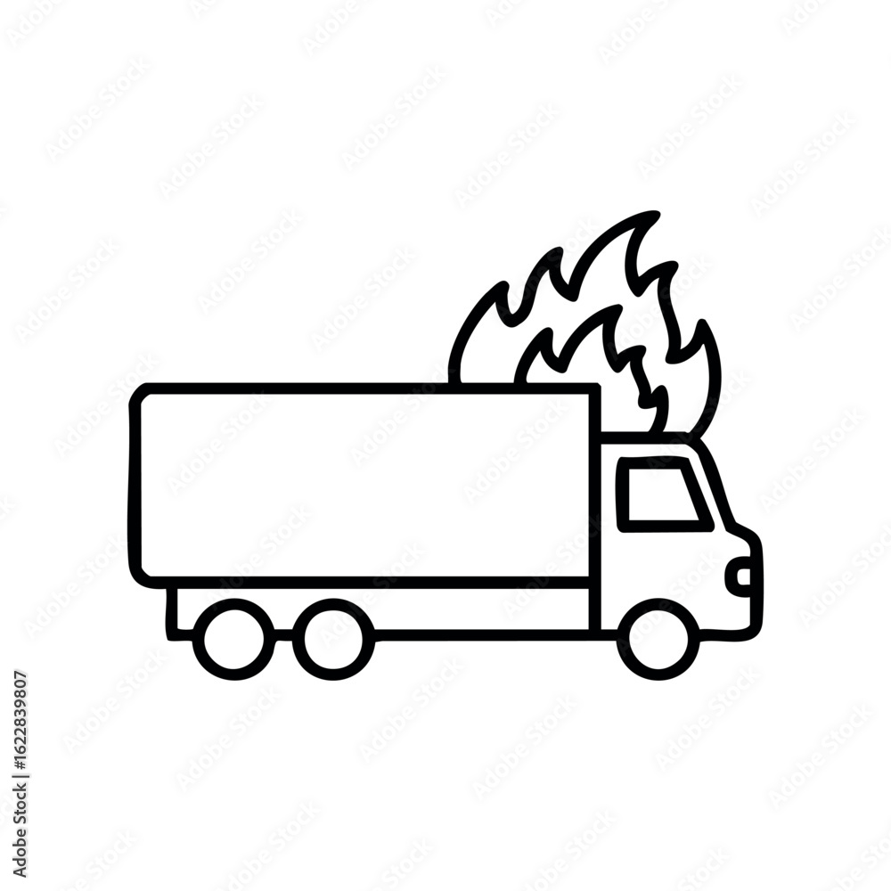 Poster fire engulfing truck with flames in simple line art design – stock vector icon in line style