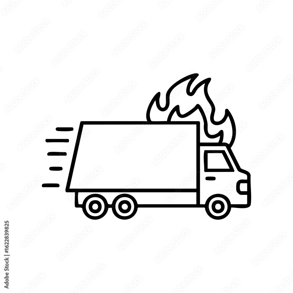 Poster simple outline of a fast-moving truck with flames – stock vector icon in line style