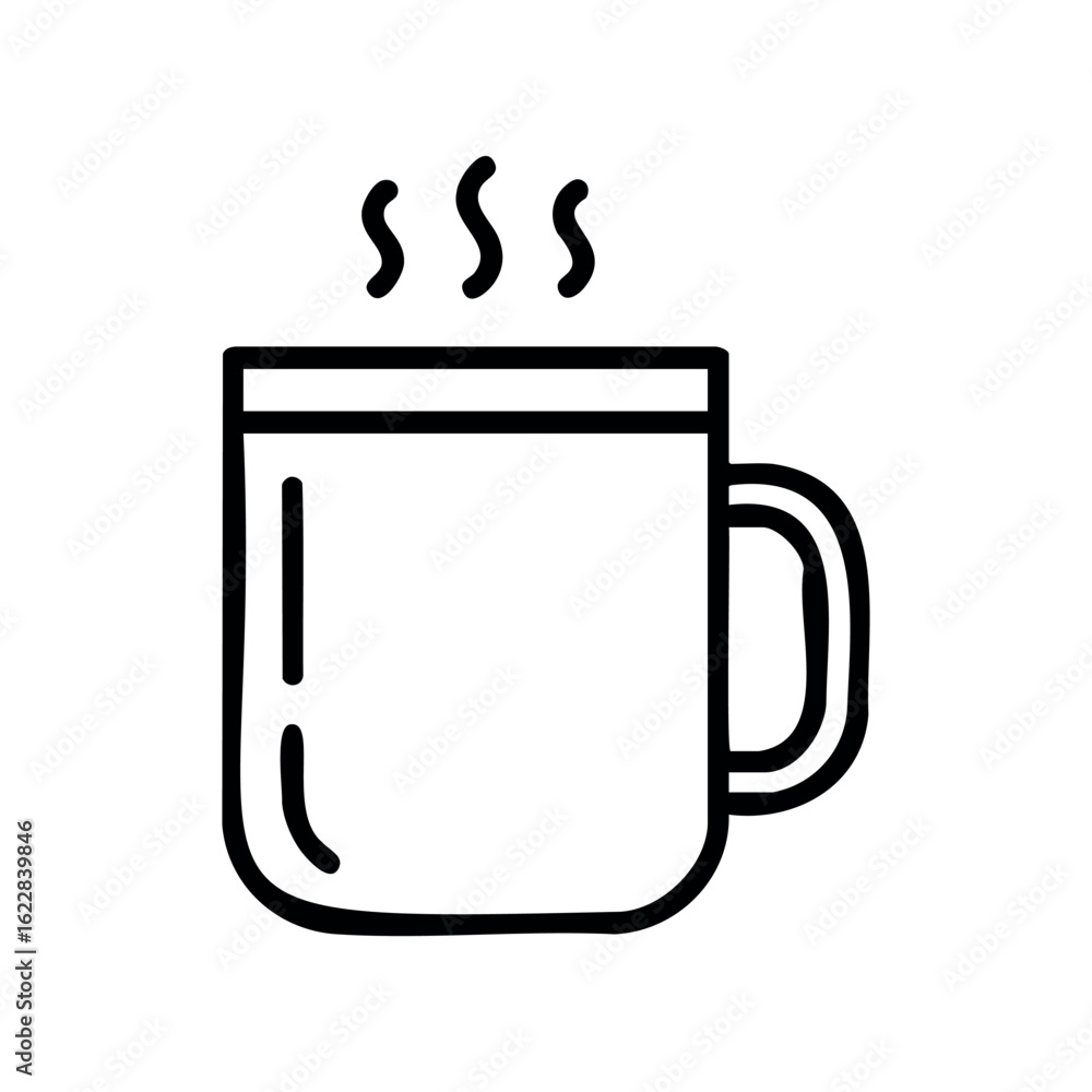 Poster minimalist line drawing of a steaming mug with handle – stock vector icon in line style