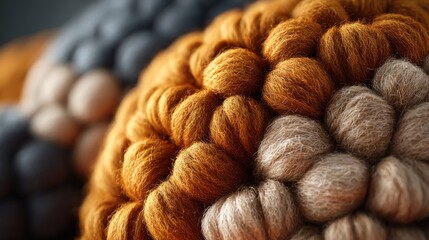 Detailed texture of knitted wool in varying hues of orange, gray, and beige
