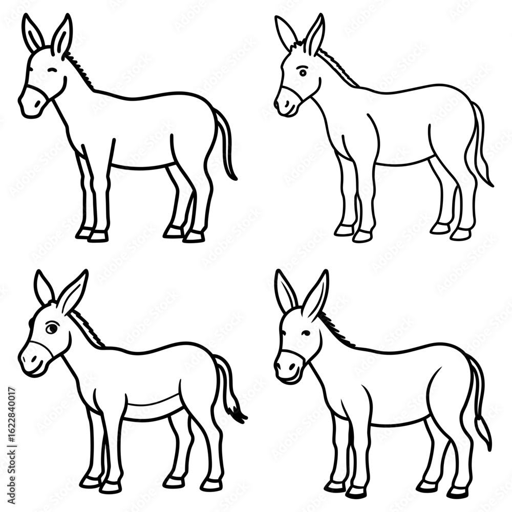 Poster four outlined donkeys standing in different poses presented in a square arrangement on white backgro