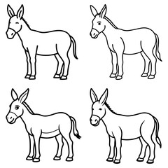 Four outlined donkeys standing in different poses presented in a square arrangement on white background
