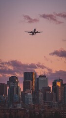 Plane flying pass the sky above a city with tall buildings.