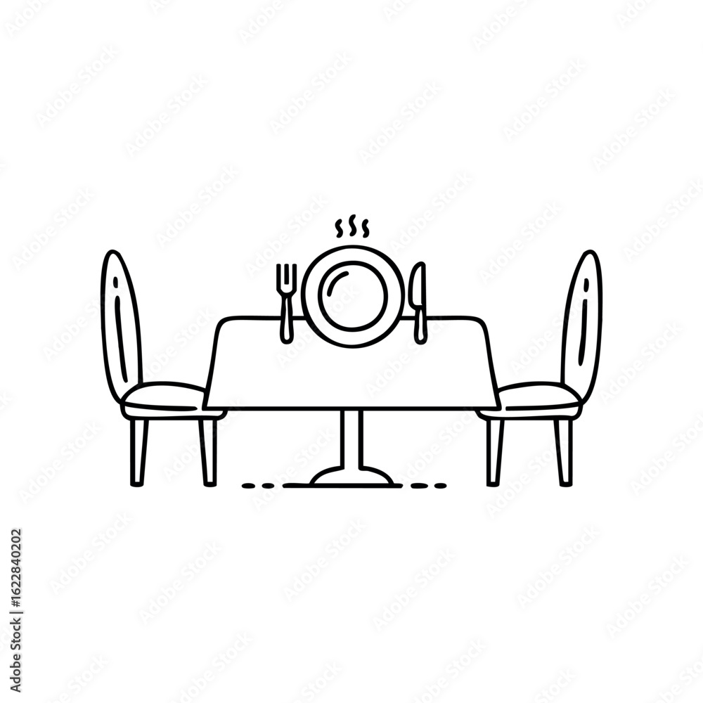 Poster simple dining table with two chairs and a setting – stock vector icon in line style