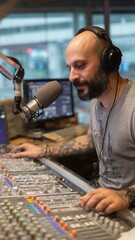 A male DJ working at the radio station, wearing headphone and a microphone, live on air.
