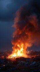 Open burning, fire burning the rubbish at night, orange red flame and dark sky contrast, thick grey smoke, open burning.