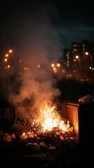 Open burning, fire burning the rubbish at night, orange red flame and dark sky contrast, thick grey smoke, open burning.