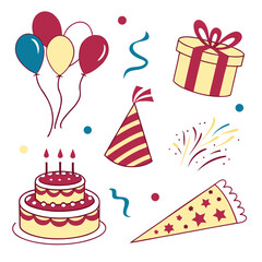 Collection of birthday party elements including cake balloons and gifts