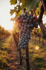 Ripe grapes close up in vineyard, 3d renders
