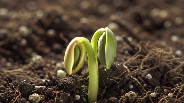 Close Up Of A Germinating Seedling Sprouting From The Dark Soil Background