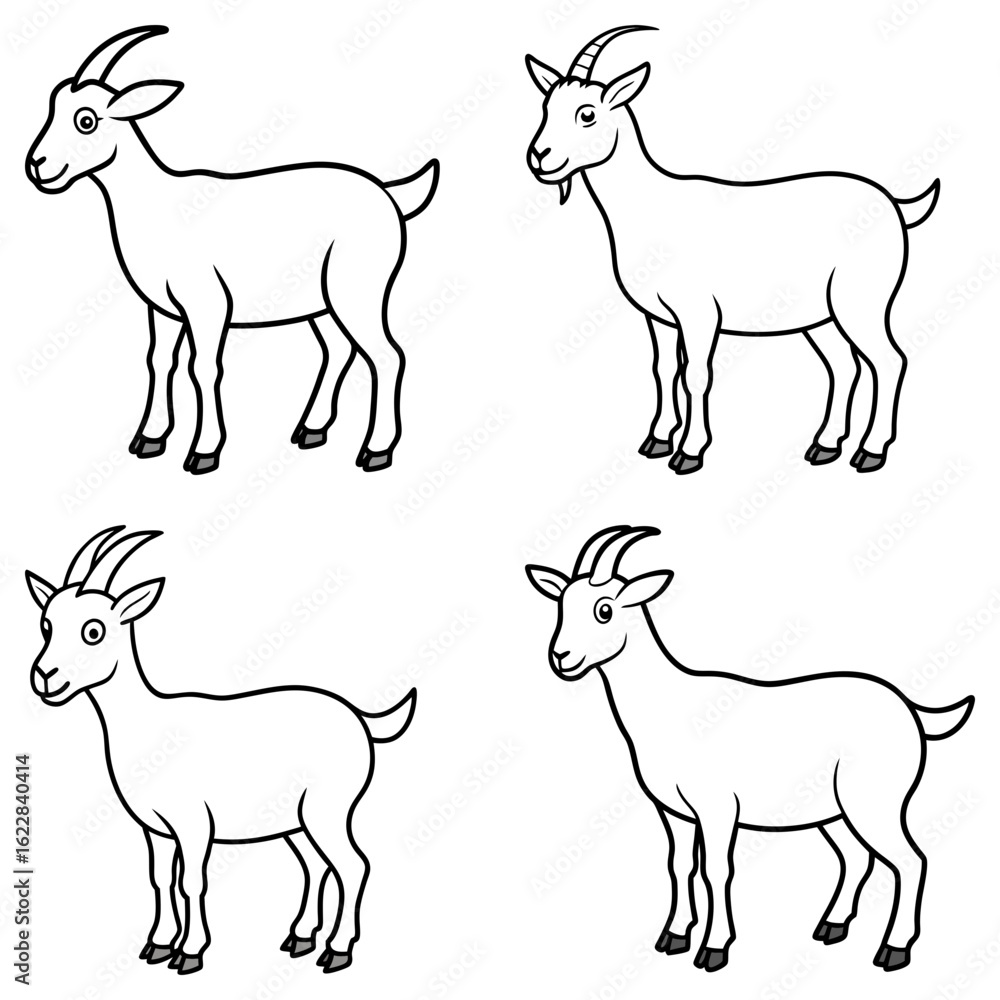 Poster illustration showing four goats in different poses with black outlines on a white background image v
