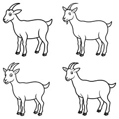 Illustration showing four goats in different poses with black outlines on a white background image view