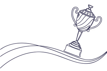Continuous line drawing of a champion trophy cup on a dynamic wave. Vector illustration concept for success, victory, and achievement.