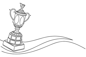 Continuous line art of an ornate champion trophy. Hand-drawn sketch of a prize cup symbolizing victory, achievement, and first place success.