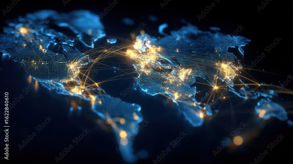 Poster global network connectivity visualized on world map: data connections and international communicatio