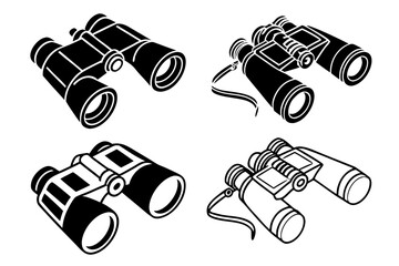 Set of four binocular icons representing exploration and observation. Vector graphic collection in both silhouette and outline styles for adventure concepts.