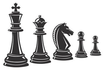 A lineup of classic black chess pieces from king to pawn. A conceptual vector illustration of game theory, tactics, and power structure.