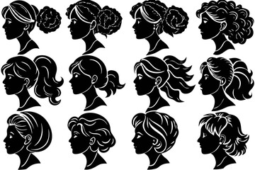 A collection of female head silhouettes in profile view, showcasing a variety of beautiful and elegant hairstyles, including ponytails, buns, and updos