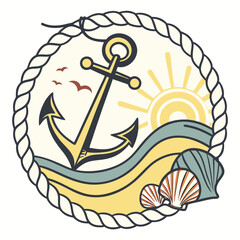 Nautical emblem featuring anchor sun waves and seashells inside a rope circle © Shope3