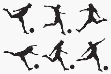 A dynamic collection of isolated black silhouettes of a female soccer player in various powerful kicking and shooting positions.