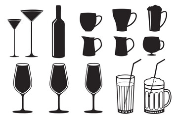 A conceptual vector illustration set of black drink and beverage icons. Diverse collection of glassware silhouettes for bar and cafe designs.