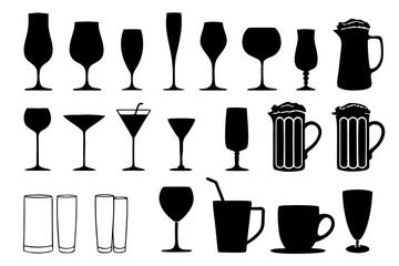 A comprehensive set of black silhouettes featuring a diverse collection of glassware for various beverages like wine, beer, and cocktails.