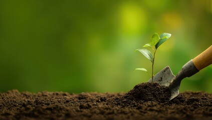 Shared Shovel planting a young plant in soil with a green background for an Earth Day concept, with copy space