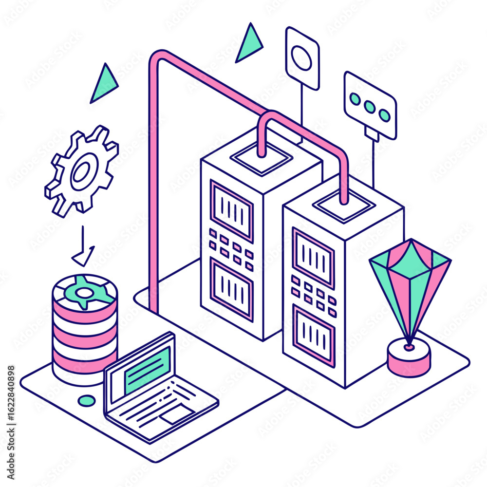 Poster modern isometric illustration of data processing and technology infrastructure